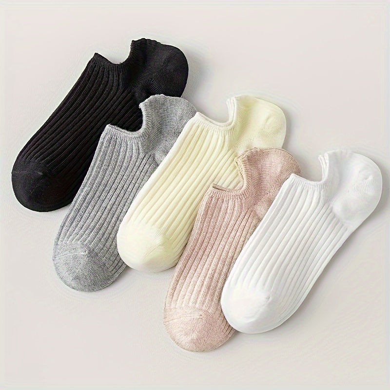 Women’s Solid Color Low Cut Invisible Socks 5 Pairs Breathable Knit