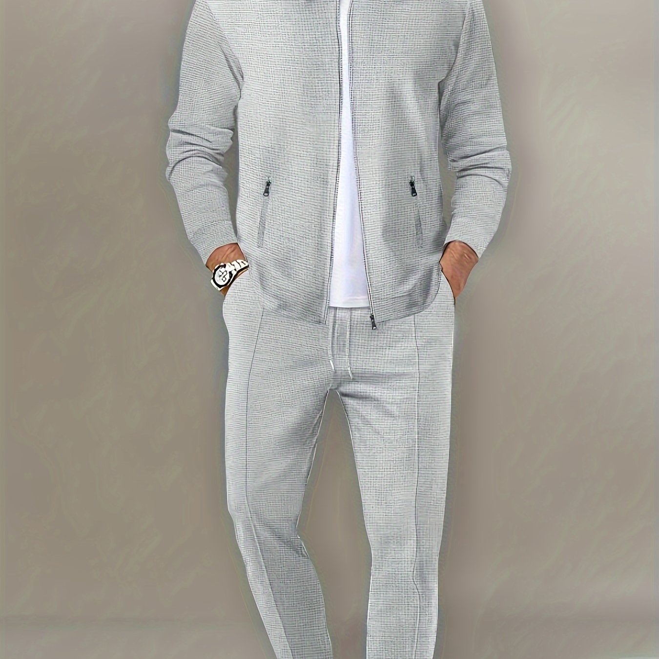 Men's Beige Waffle Knit Tracksuit Set Full-Zip Jacket and Jogging Pants Polyester Spandex
