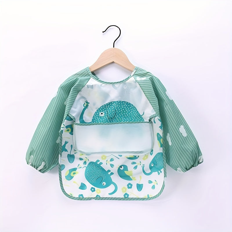 Babero impermeable para niños con bolsillos, diseño de dibujos animados, material suave, delantal de manga larga