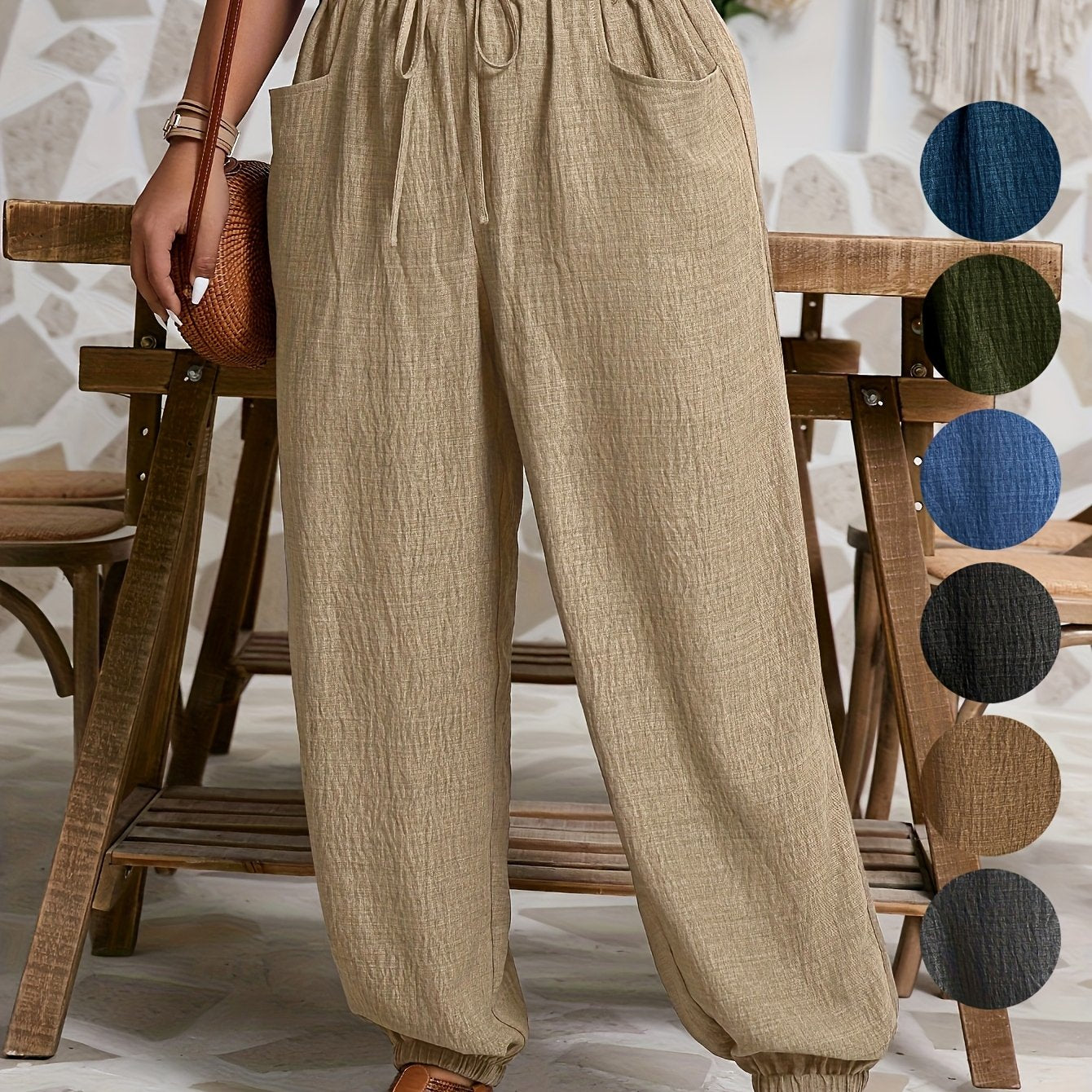 Pantalones casuales de talla grande para mujer con cintura elástica, bolsillos y color sólido