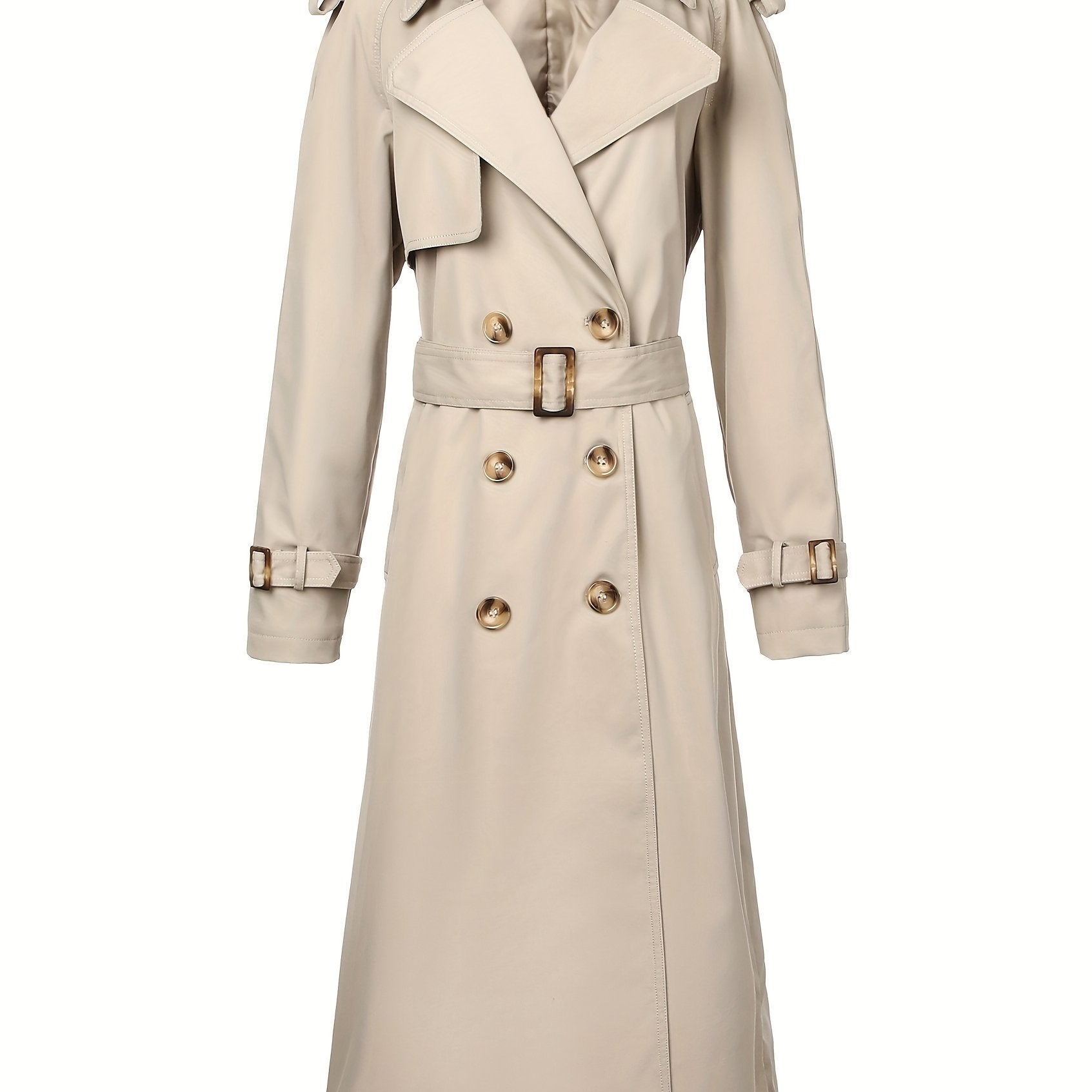 Women's Beige Polyester Trench Coat with Belt, Mid-Length, Double-Breasted for Fall and Winter