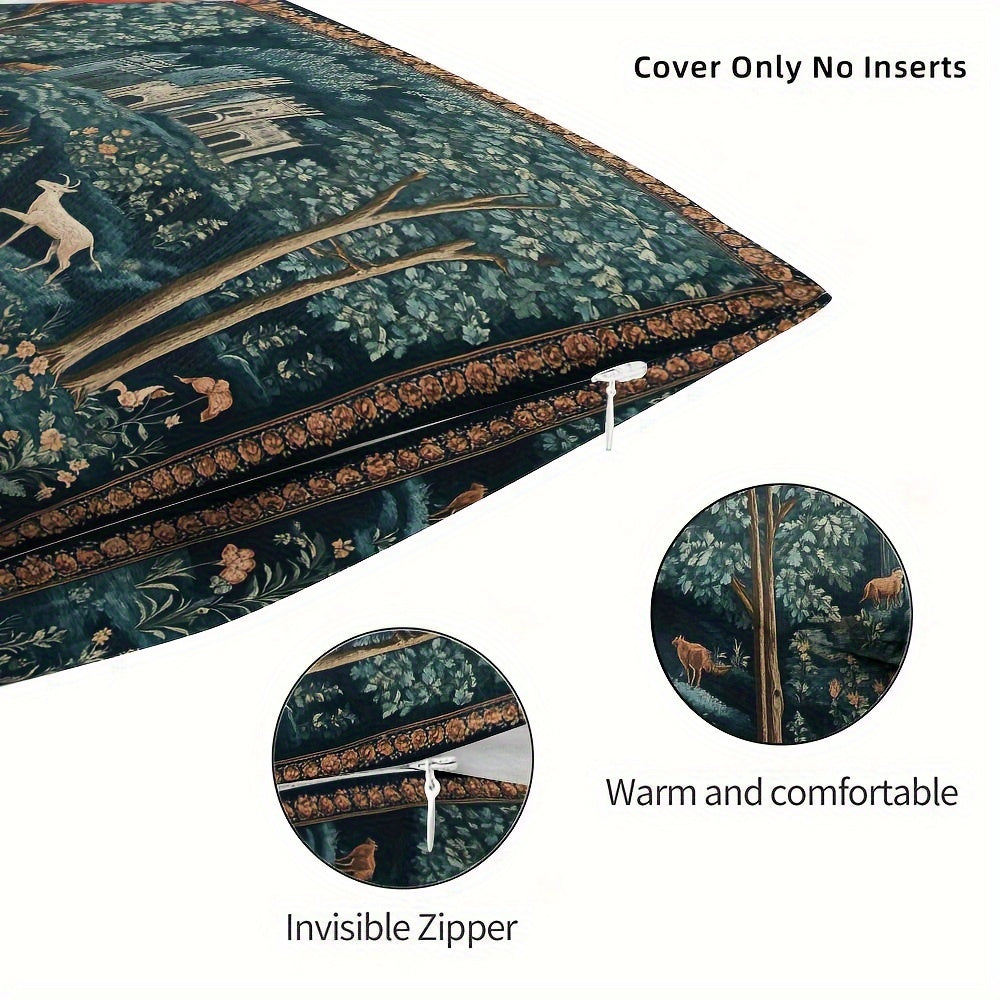 Polyester Pillow Cover Medieval Tapestry Style Double-Sided Decorative Zipper Living Room Decor