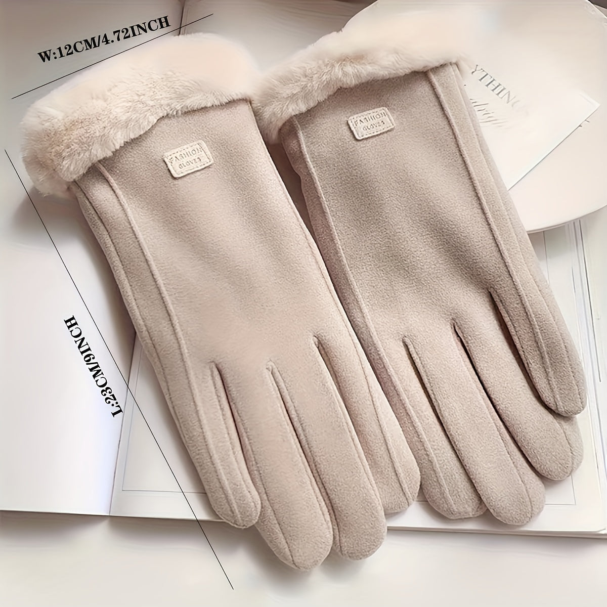 Women's Beige Touchscreen Gloves with Plush Lining Full Finger Winter Warmth