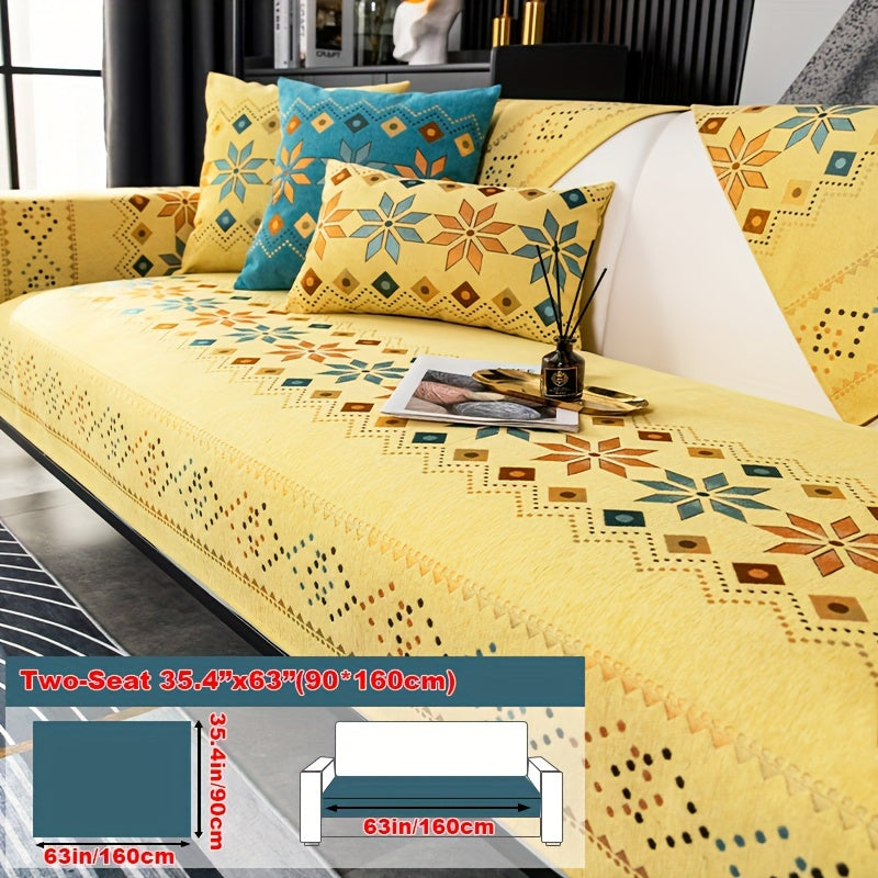 Чехол для дивана из шенилла "Богемные четыре сезона" с геометрическим вышитым узором, обеспечивает защиту дивана и противоскользящие свойства для домашнего декора в спальне, офисе и гостиной.