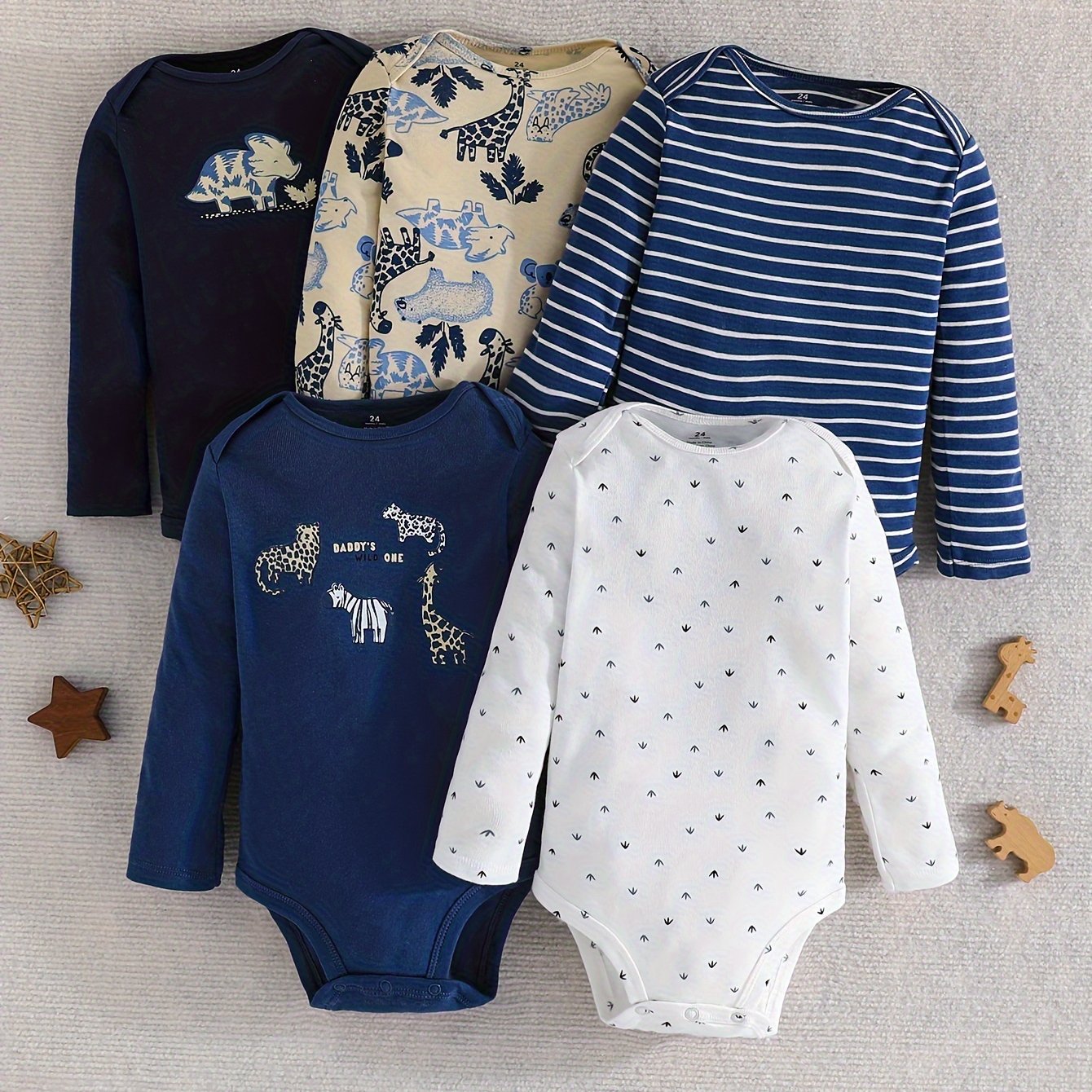 Baby Boys Long Sleeve Cotton Romper Set 5-Pack Cartoon Animal Pattern Spring Autumn Outdoor
