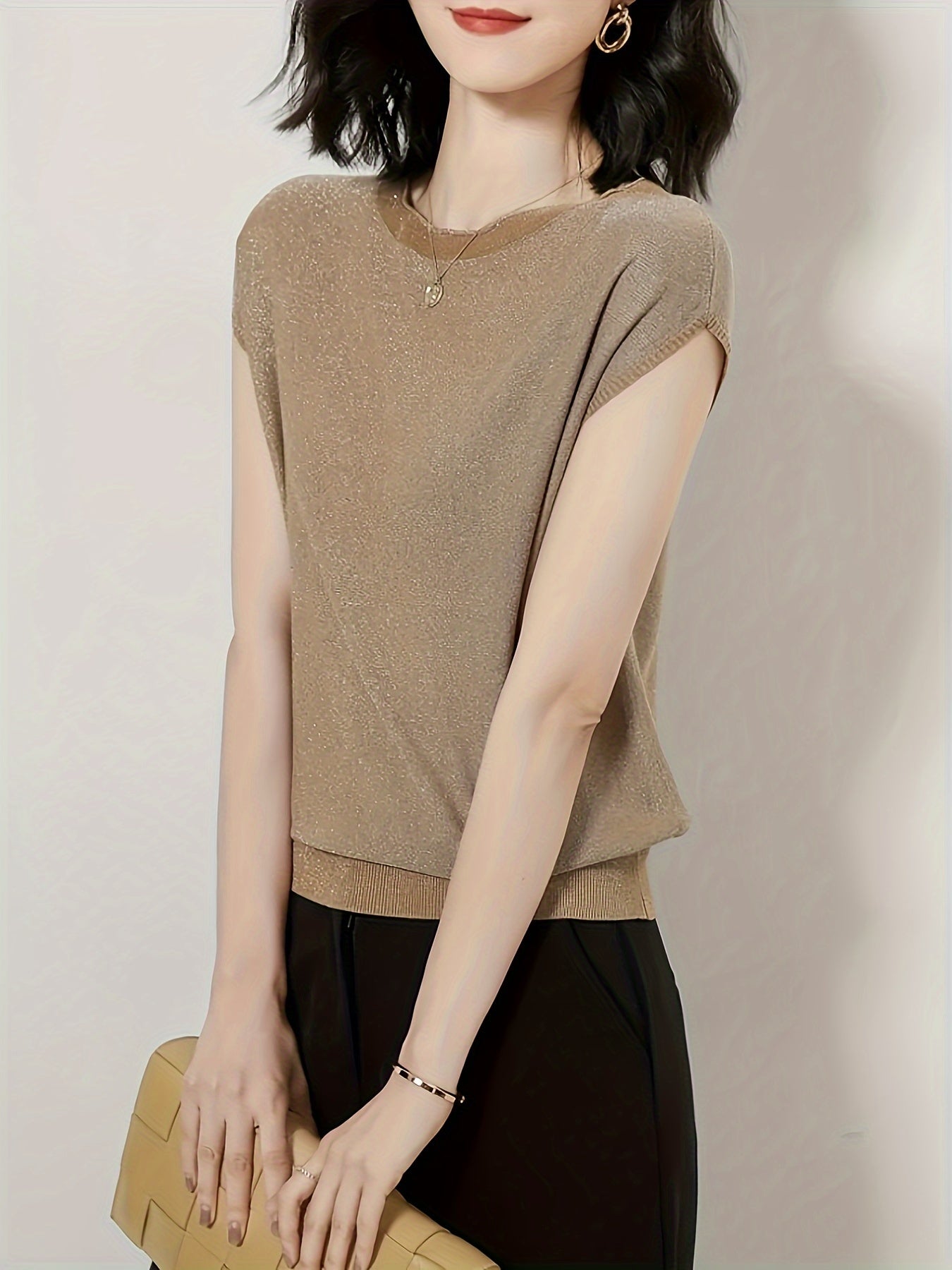 Loose Knit Sweater with Metallic Threads Crew Neck Casual Viscose Polyester Solid Color All Season