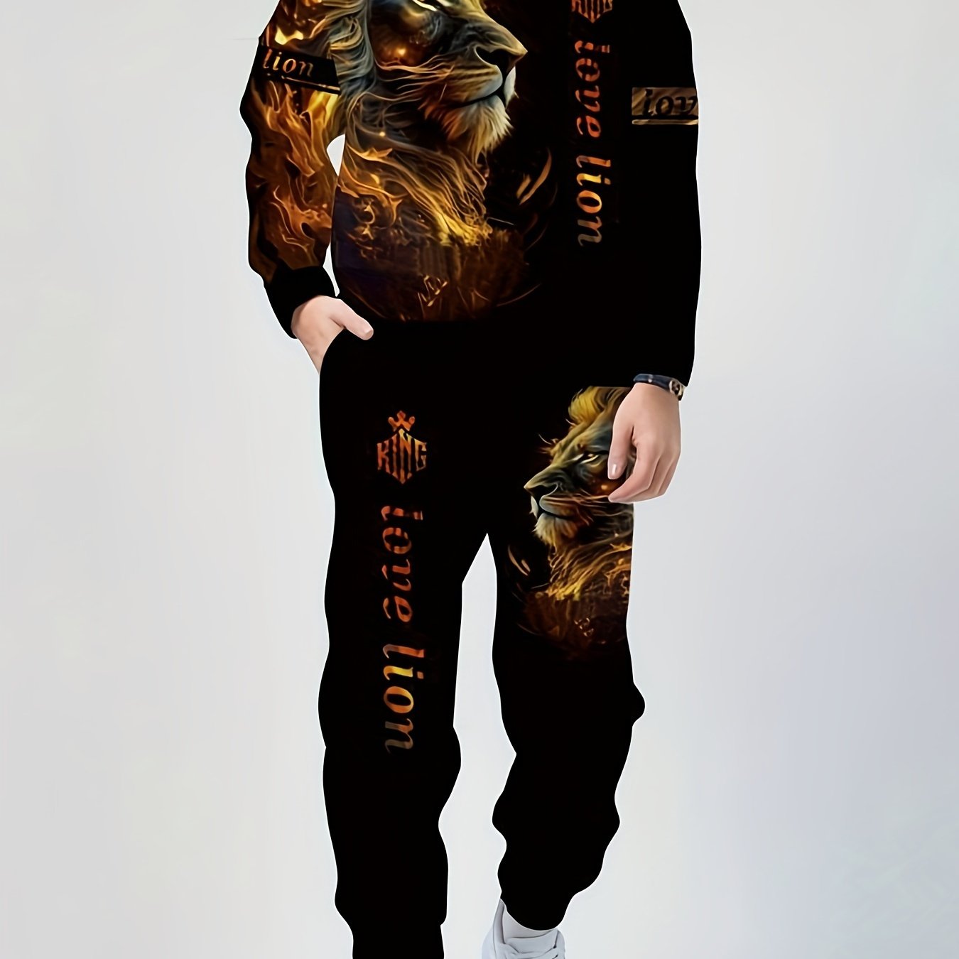 Plus Size Men's Hoodie and Sweatpants Set with Glow Lion Print for Fall Winter