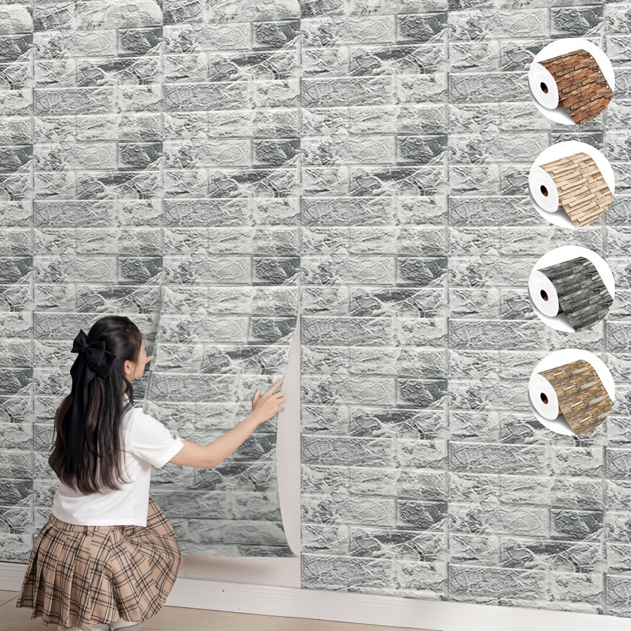 10m Waterproof Self-Adhesive 3D Brick Wallpaper Stickers Gray Brown Marble Pattern for Wall Decor