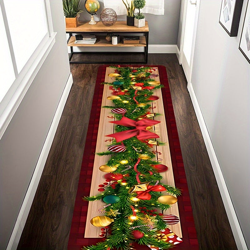 Christmas Runner Rug Festive Tree Ornaments Non-Slip Stain Resistant Hallway Decor