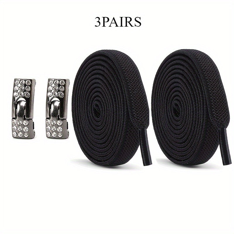 Unisex Rainbow Rhinestone Buckle Shoelaces 3 Pairs, Elastic, Fashion