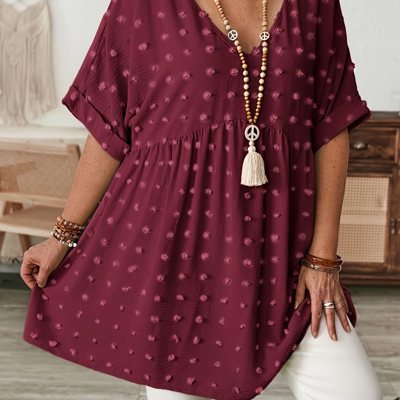 Women's Plus Size V-Neck Batwing Sleeve Blouse Stretchy Polyester Black White Dot