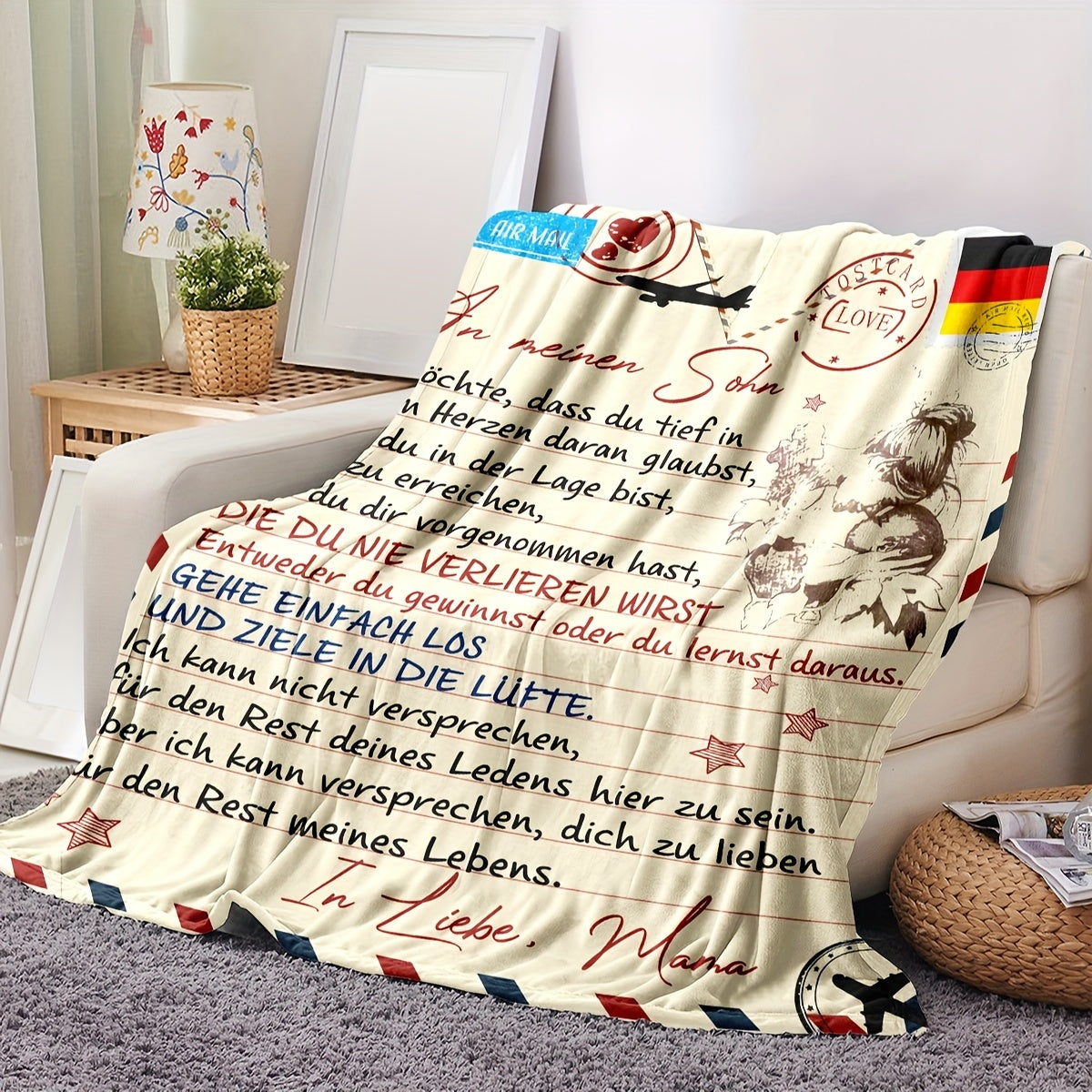 German Letter Blanket for Son Soft Warm Flannel Throw for Couch Bed Travel