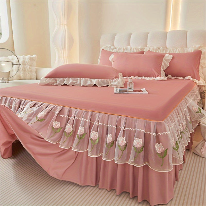 3pcs Embroidered Bed Skirt Set with Rose Lace Ruffles Polyester Includes Lace Bed Skirt and Lotus Leaf Pillowcases for Bedroom Guest Room