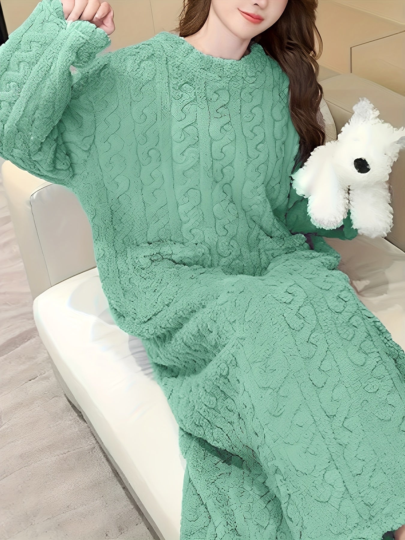 Women's Fleece-Lined Jacquard Winter Robe Long Sleeve Color-Block Loungewear