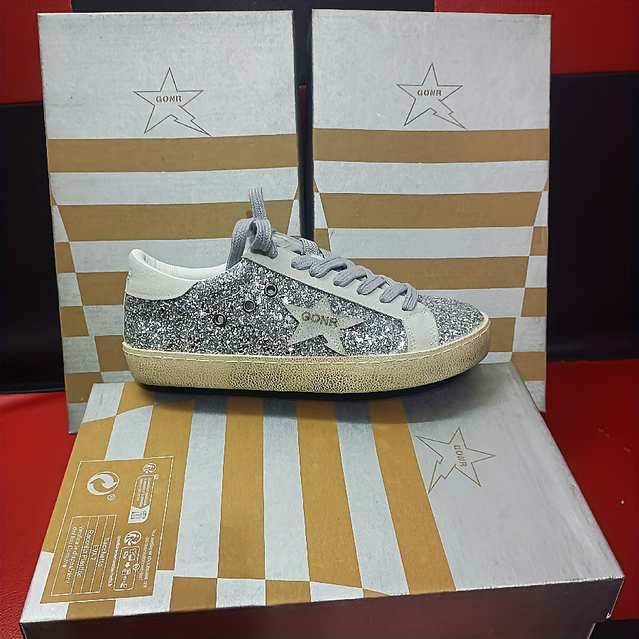 Women Sequin Loafers Low-Top Lace-Up Sneakers All-Season Casual Formal