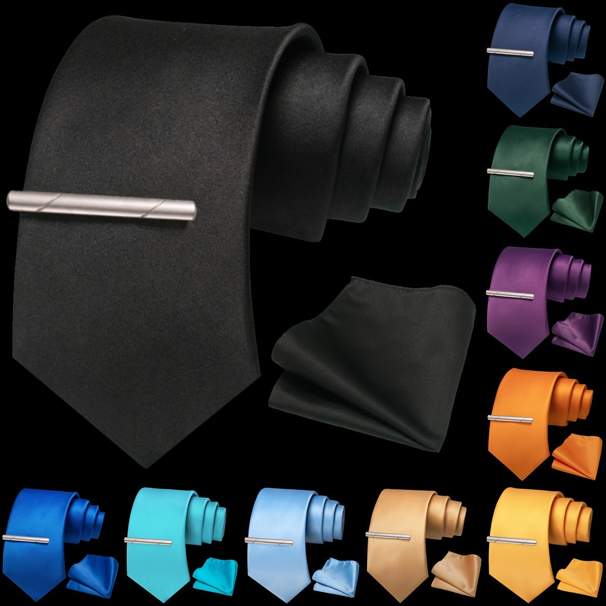Erkaklar uchun bir rangli ipak aksessuarlar to'plami, galstuk, cho'ntak sharf, sochiq, galstuk klipi, rasmiy kiyimlar va sovg'alar uchun