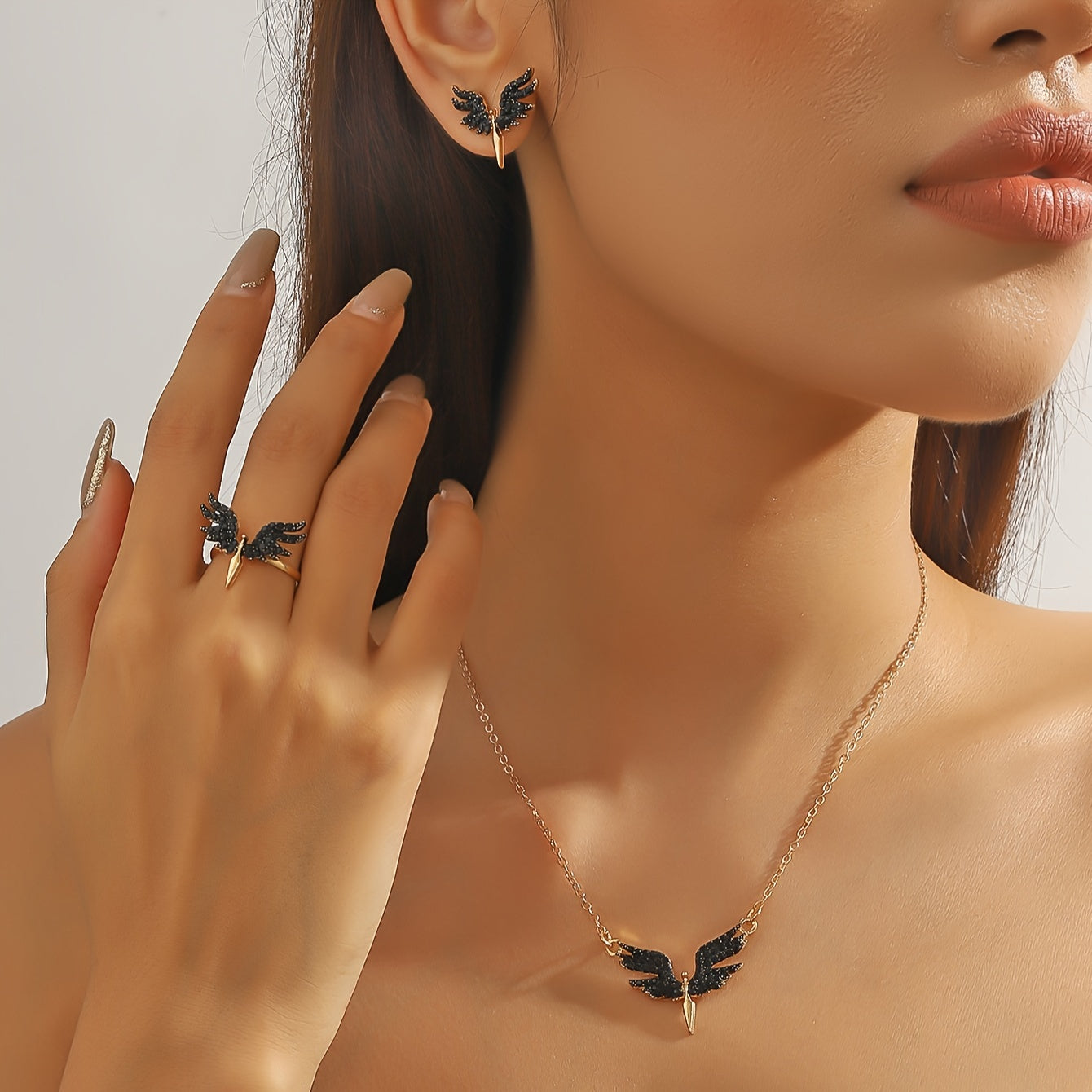 Women's Angel Wing Jewelry Set Gold Tone Black Accents Necklace Earrings Ring Gift for Women