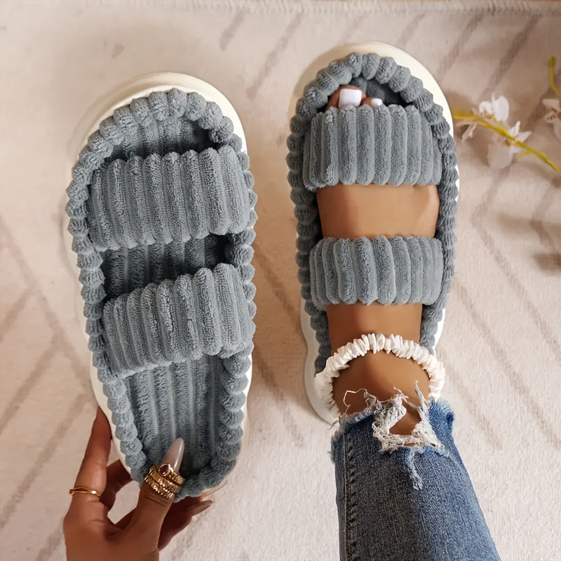 Women's Plush Indoor Slippers Non-Slip Thick Sole Gray Ribbed Textured Open Toe