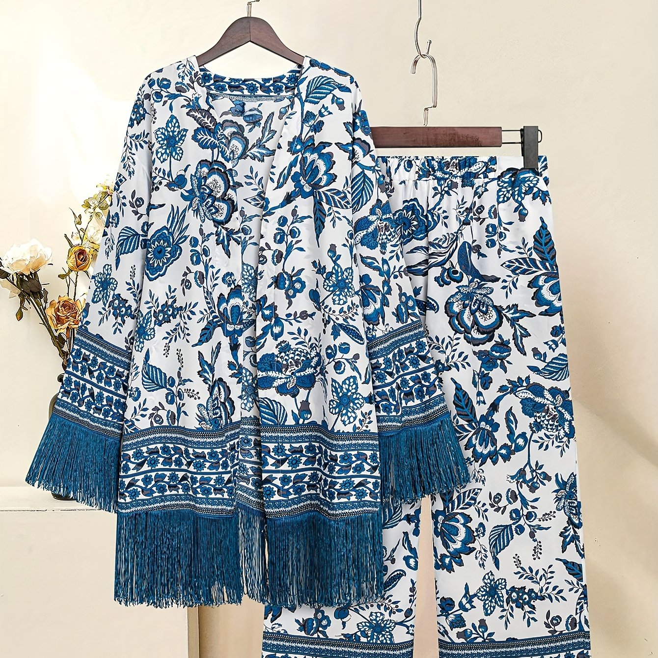 Gul naqshli franjali ikki qismli to'plam, ta'til uslubidagi uzun yengli bluzka va shimlar to'plami, kattalar uchun ayollar kiyimlari