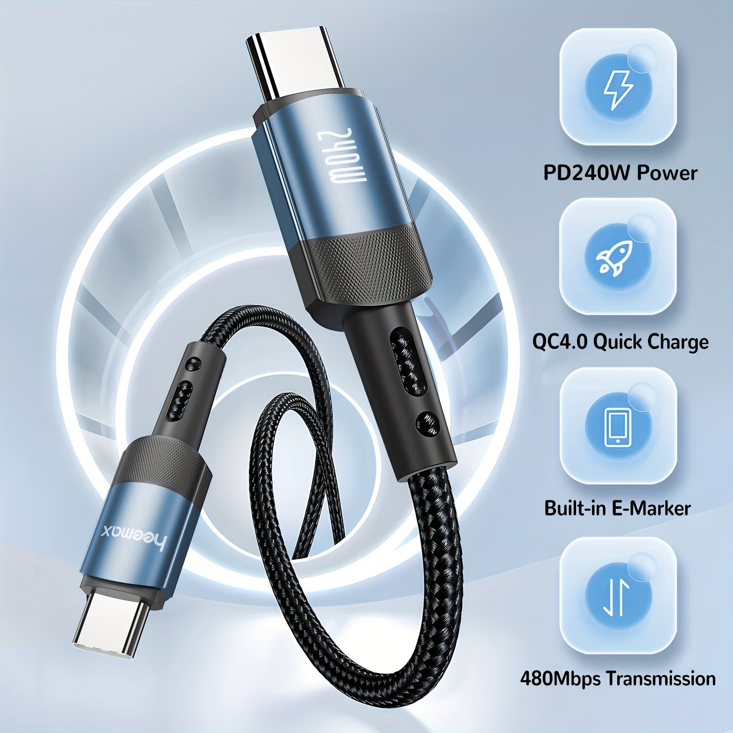 USB C to USB C Cable 240W Fast Charging Nylon Flat Matte for Phones and Devices