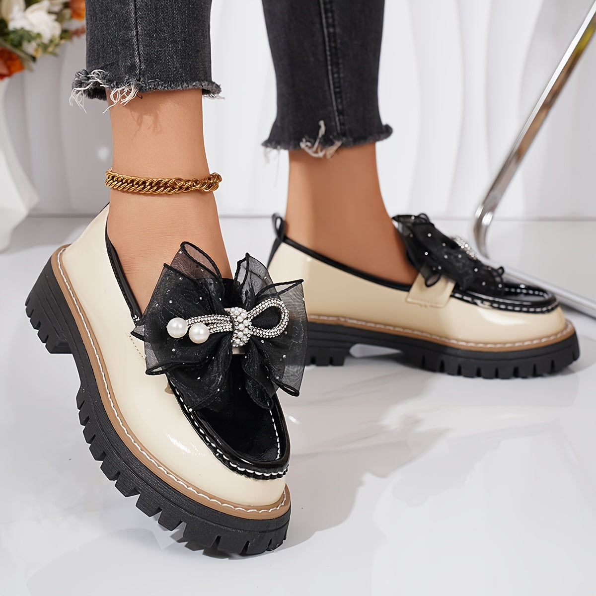 Women's Chunky Platform Loafers Slip-On Rhinestone Bow Synthetic Rubber Sole