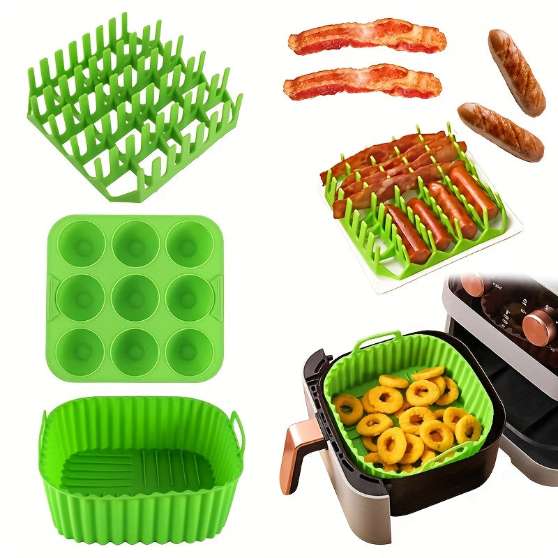 Square Air Fryer Silicone Set with Bacon Rack Cake Mold and Pan for 7QT+