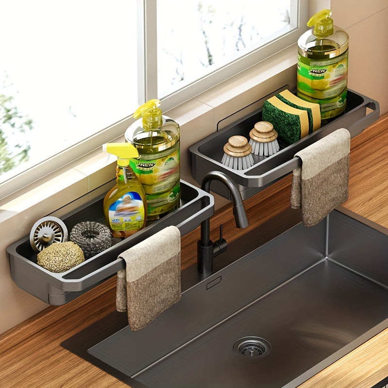 Wall-Mounted Sink Drain Rack with Dish Cloth and Sponge Holder Kitchen Bathroom Storage