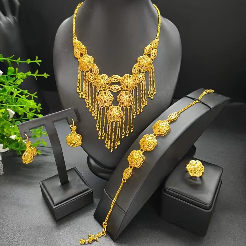 Conjunto de joyería con flor de borla chapada en oro de 24k: collar, pendientes, pulsera y anillo para mujer