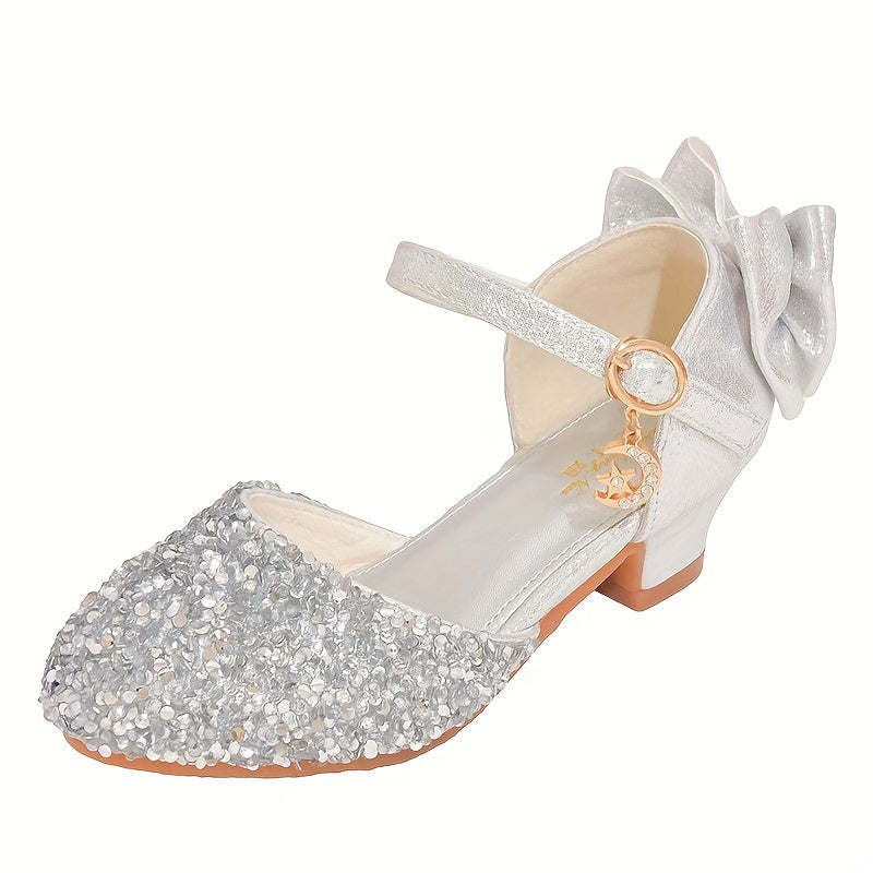 Girls' Children's Dress Shoes with Bow and Sequins, Silvery PU, Round Toe