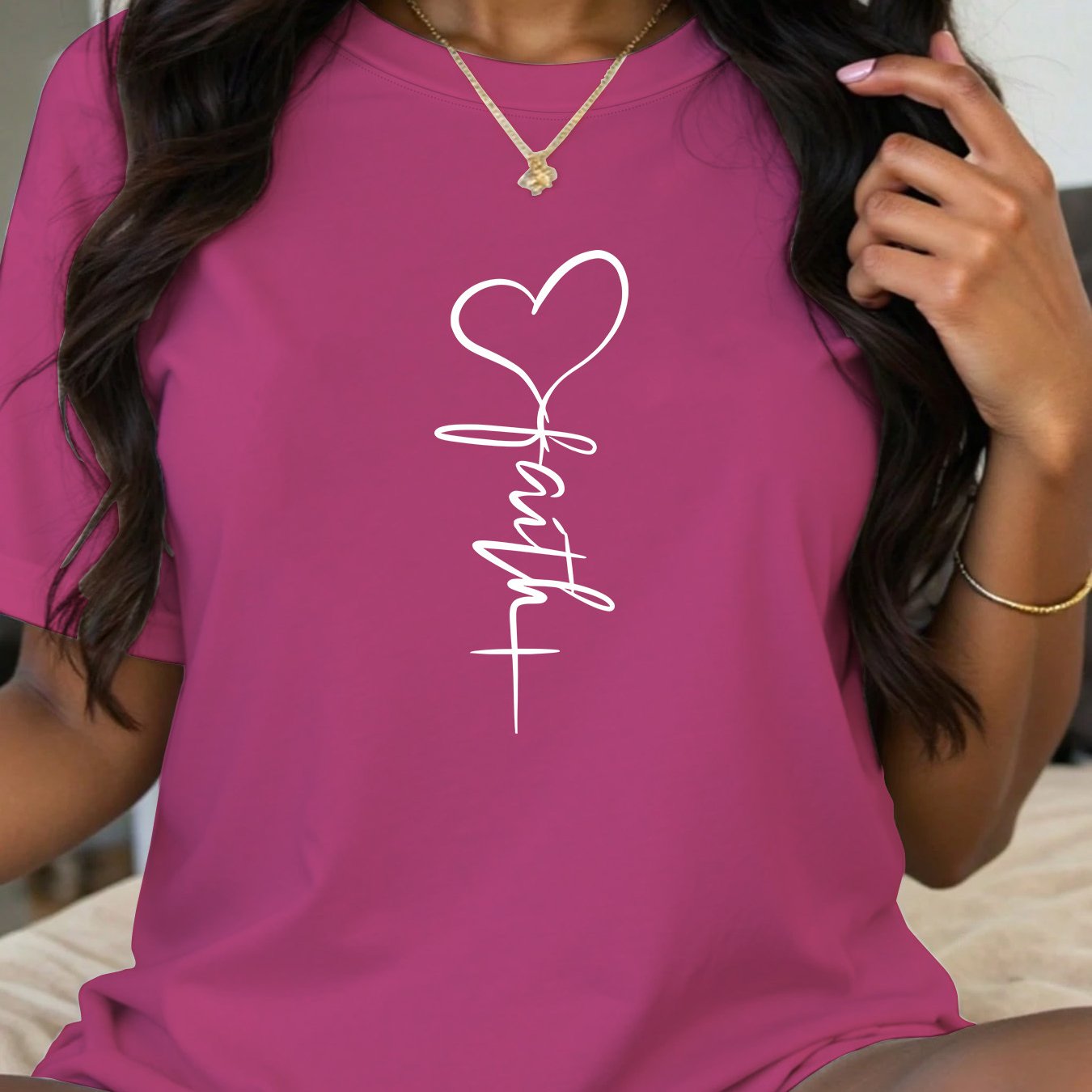 Women's Beige Casual Sports Tee with Love Plus Graphic Short Sleeve