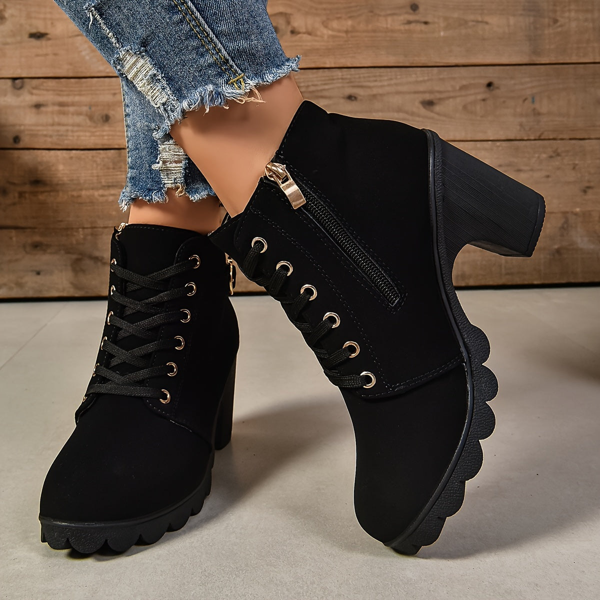 Women's Faux Cover Ankle Boots with Lace-Up, Side Zipper, Chunky Heel