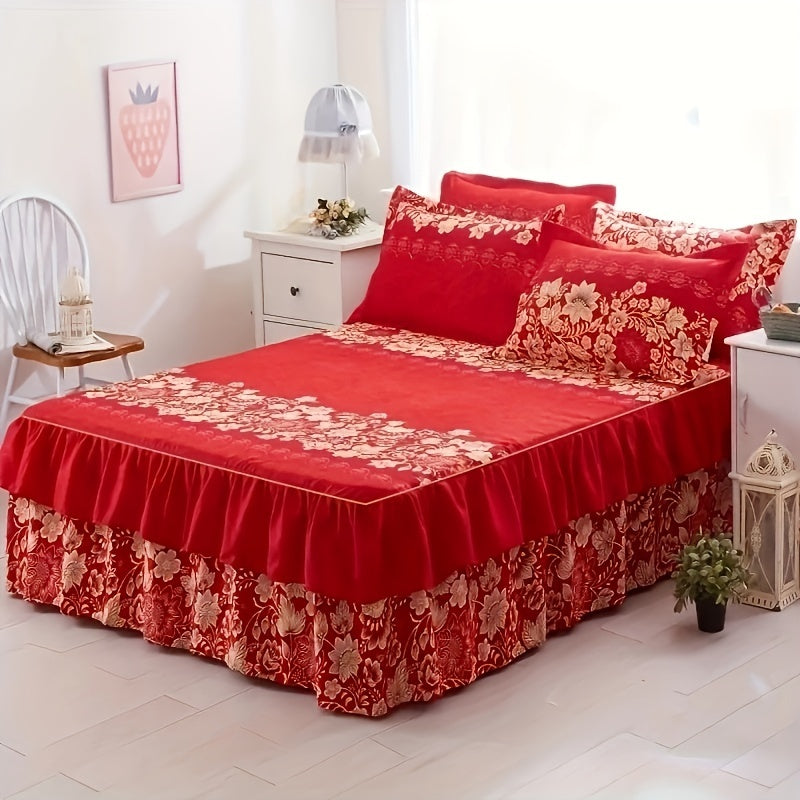 Three-Piece Macrame Bed Skirt Set with Flower Print Non-Slip Bedding for All Seasons