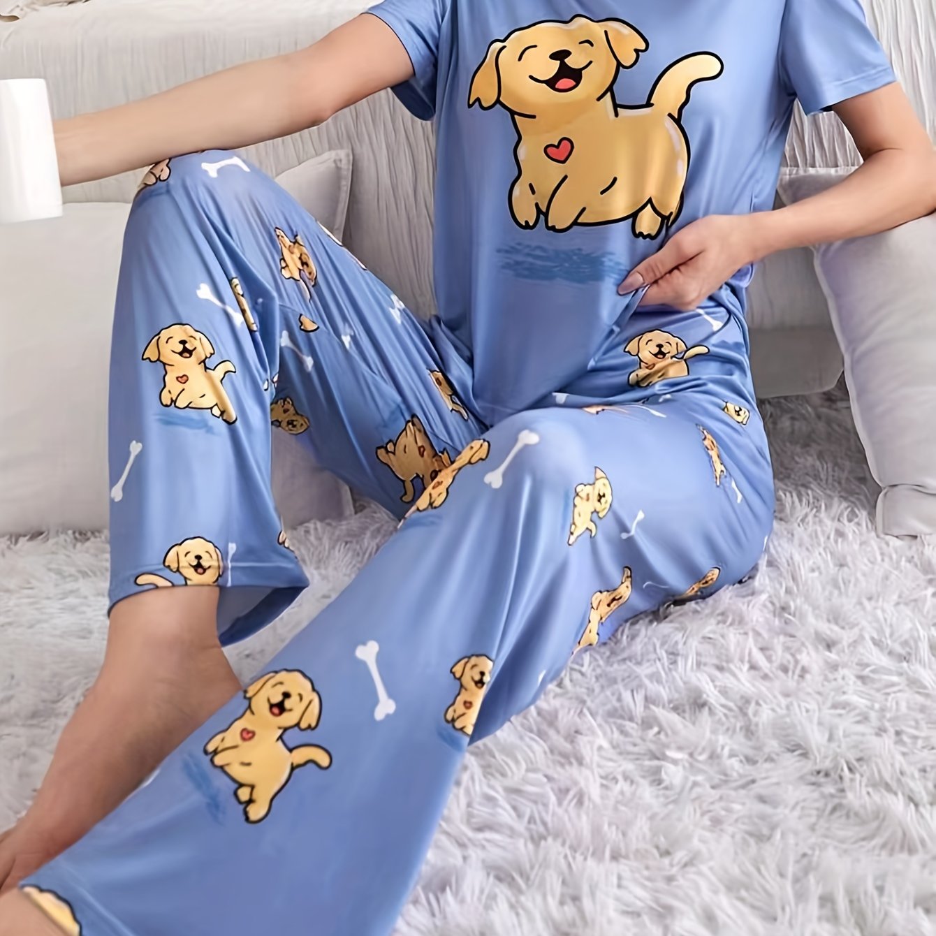 Women's Sleepwear Set with Puppy Print Short Sleeve Top and Elastic Pants