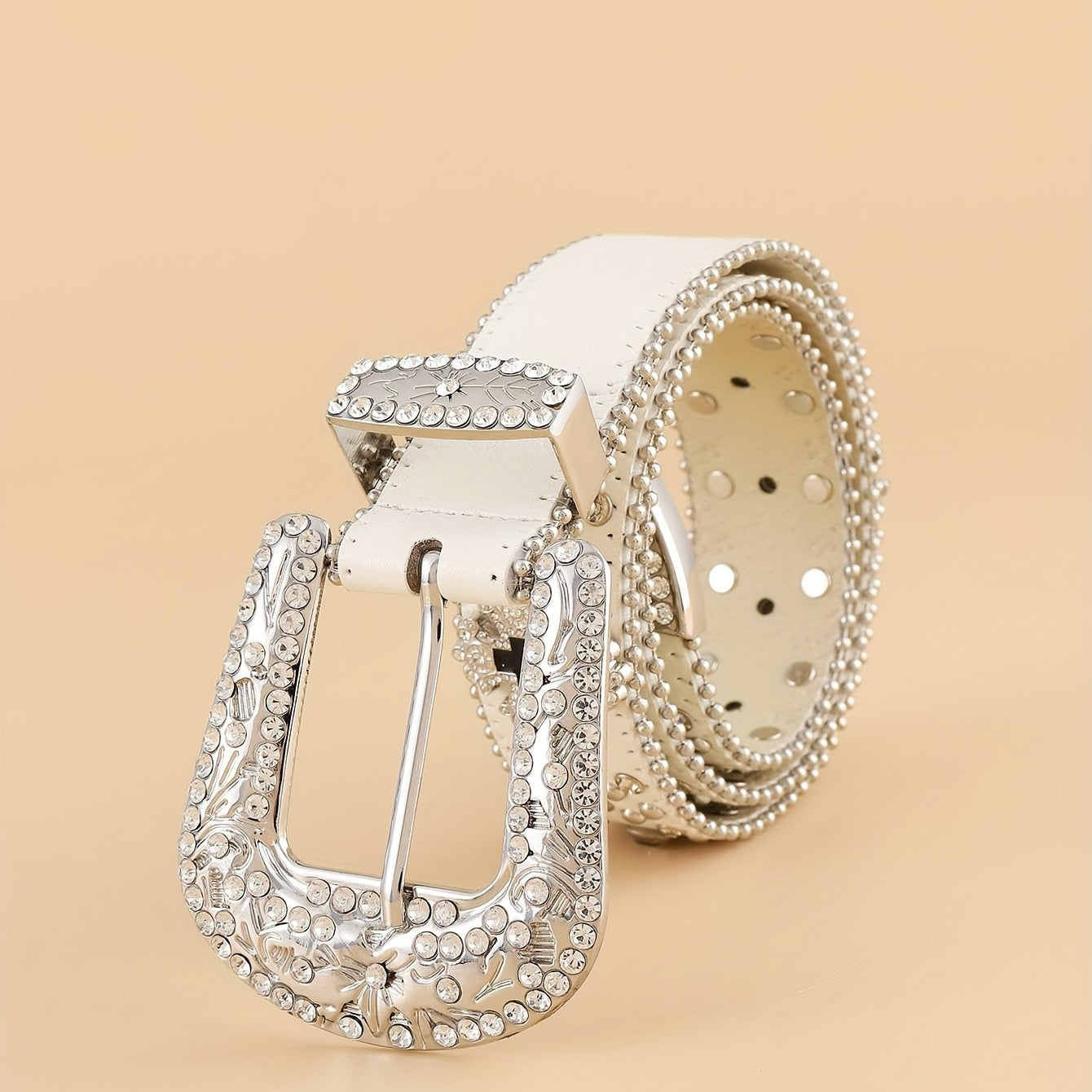 Cinturón unisex de cuero brillante con incrustaciones de rhinestones, hebilla tallada, remaches cruzados y diseño con tachuelas para hip hop, Y2K, vaqueros y pantalones