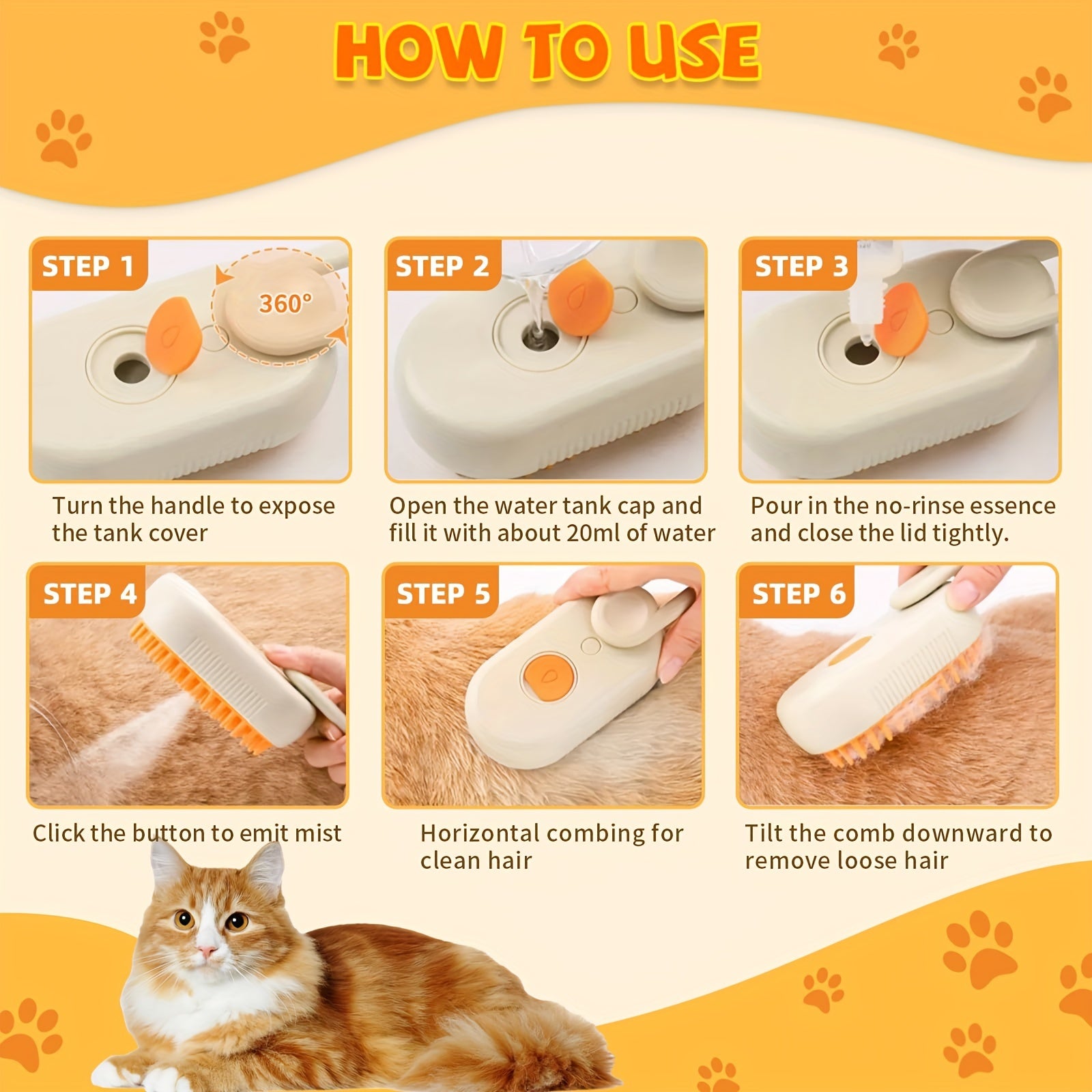 Rechargeable 3-in-1 Steam Pet Grooming Brush for Cats and Dogs Self-Cleaning Massage Hair Removal