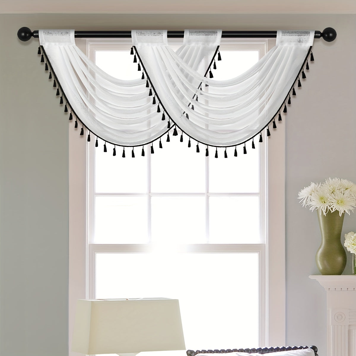 Sheer Wave Curtain Valance with Tassels Edge 30x24 Inches Light-Transmitting Rod Pocket Decor