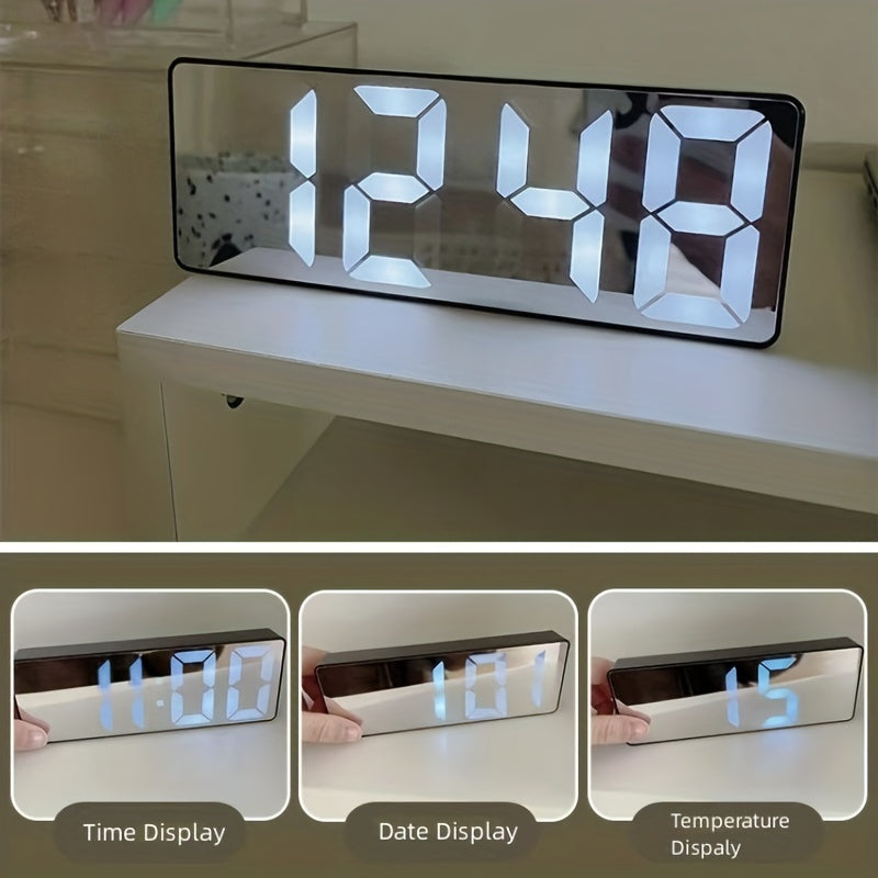 Digital Clock with Large LED Display Mirror Surface Dual Brightness Battery or USB Charging for Home Decor