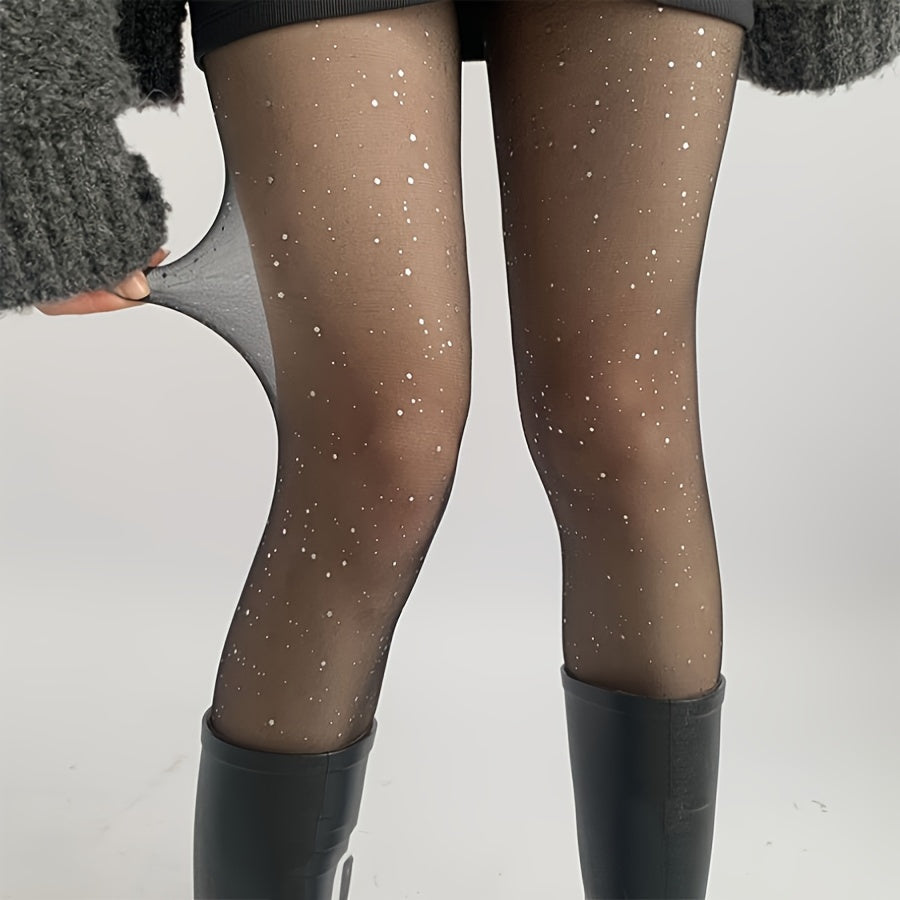 Women Glitter Sparkle Tights with Solid Color Knit Fabric Black