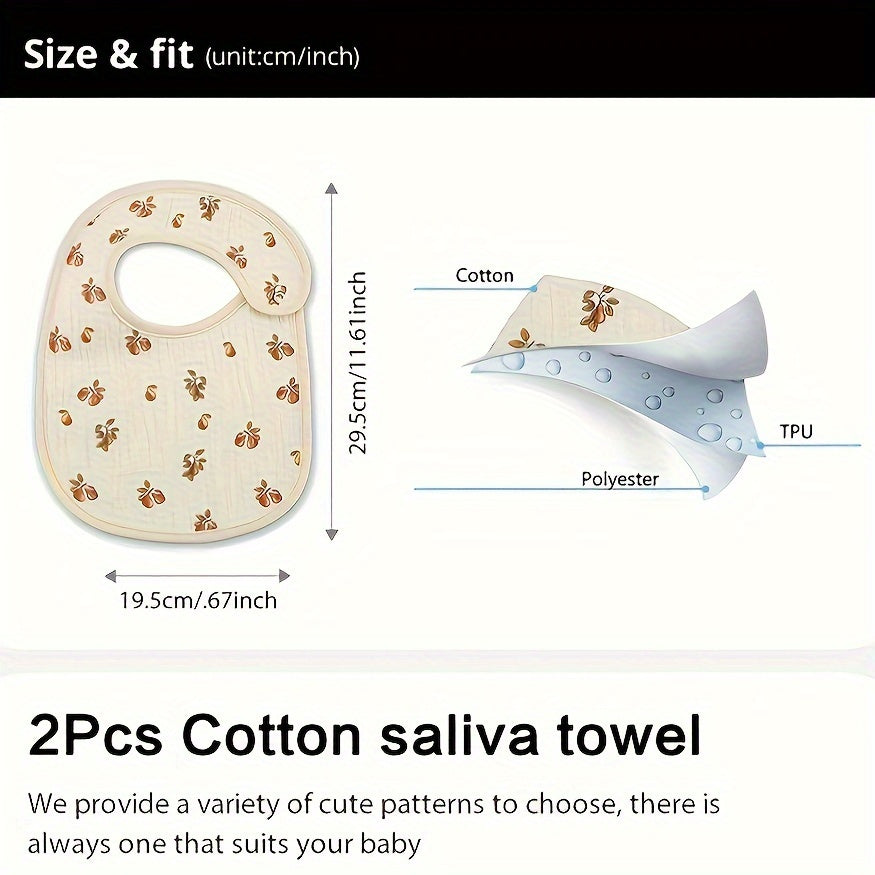 Set of 2 Cotton Gauze Baby Bibs U-Shaped Waterproof Printed Burp Cloths and Saliva Towels