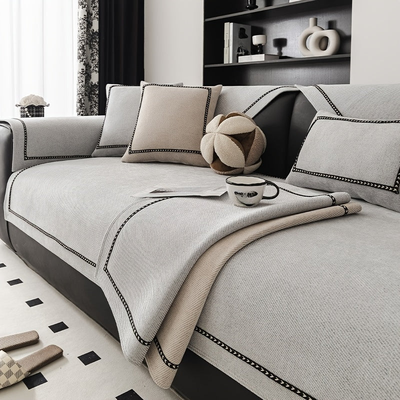 Chenille Sofa Cover with Lace Trim Non-Slip All-Season Furniture Protector Machine Washable