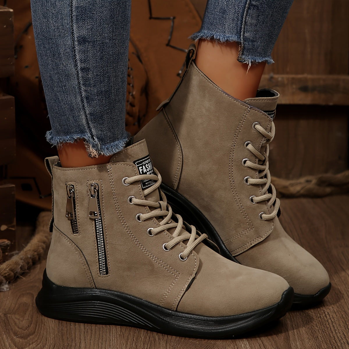 Women's Ankle Boots Solid Color Casual Lace-Up Round Toe Flat Heel