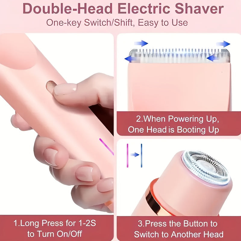 Women Electric Shaver and Epilator Pink White Dual Head Rechargeable Portable