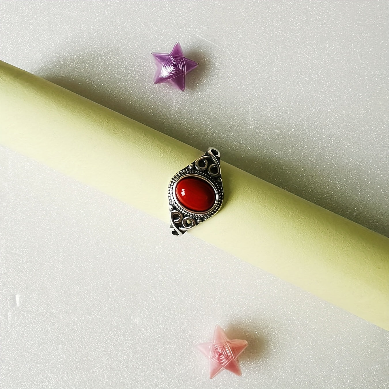 Women's Ring Retro Ethnic Style Silver Inlay Red Coral Stone Gift