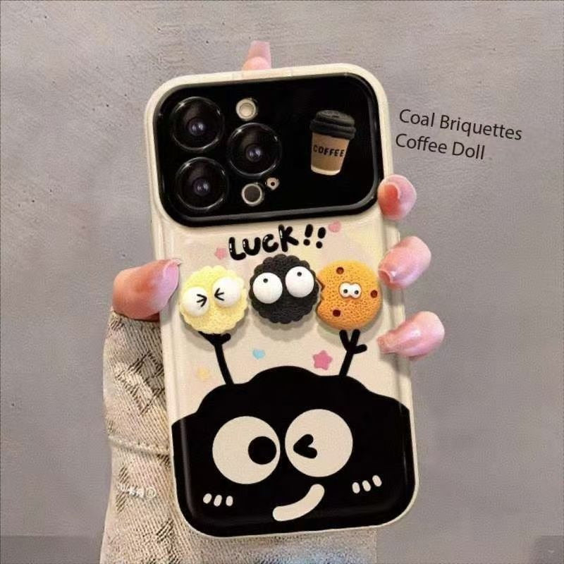 Large Window Flip Mirror Phone Case for iPhone with Coal Ball Coffee Doll Design Full Cover Edge Anti-Fall TPU