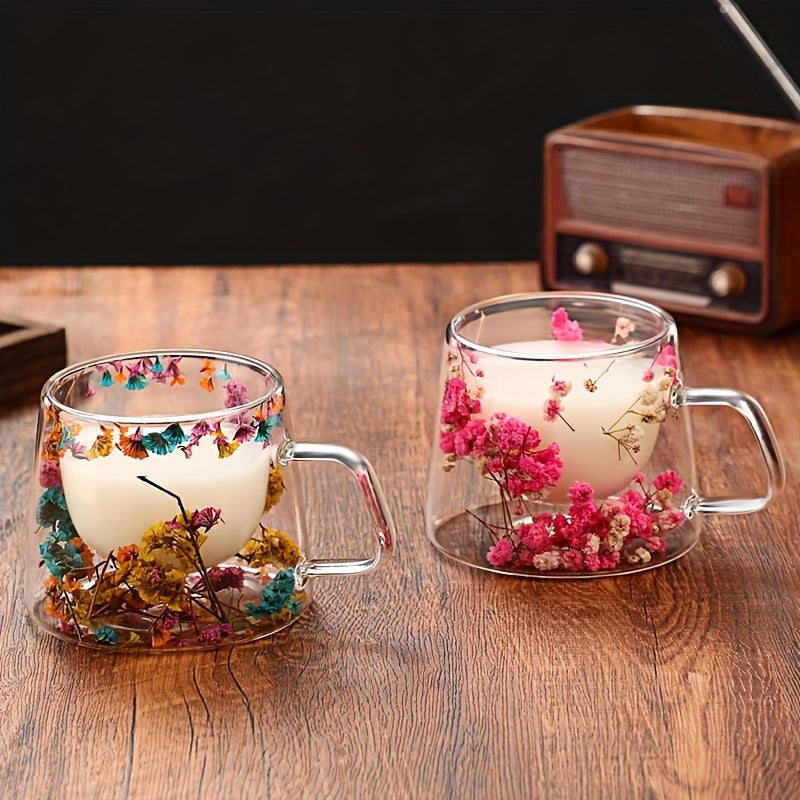 7oz ikki qavatli shisha chashka haqiqiy gullar bilan, choy, qahva, sut uchun