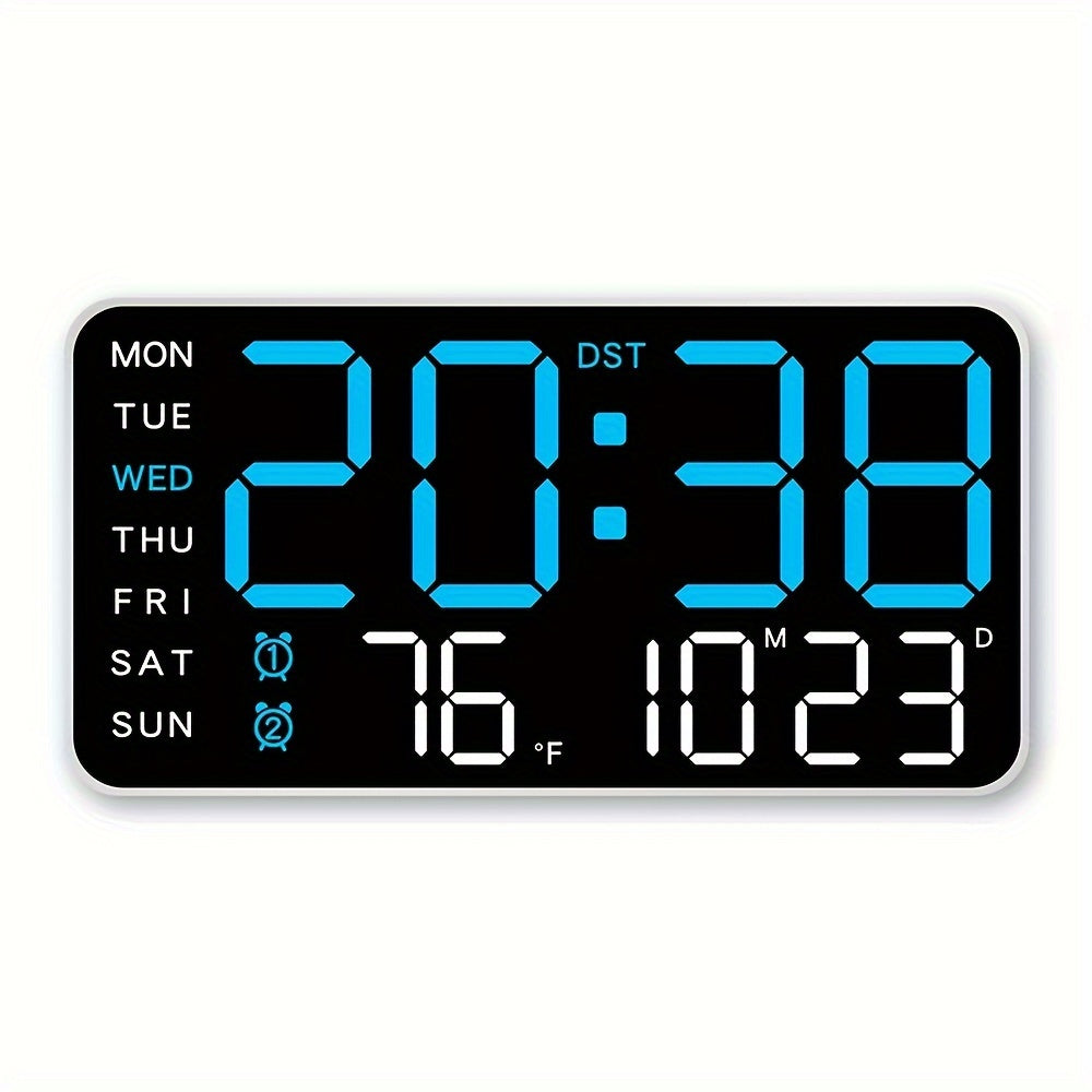 Large Digital Wall Clock with Calendar Temperature Voice Activation Adjustable Brightness and Chime in White Plastic