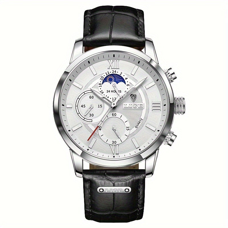 Men's Leather Casual Quartz Sport Watch Black 42mm