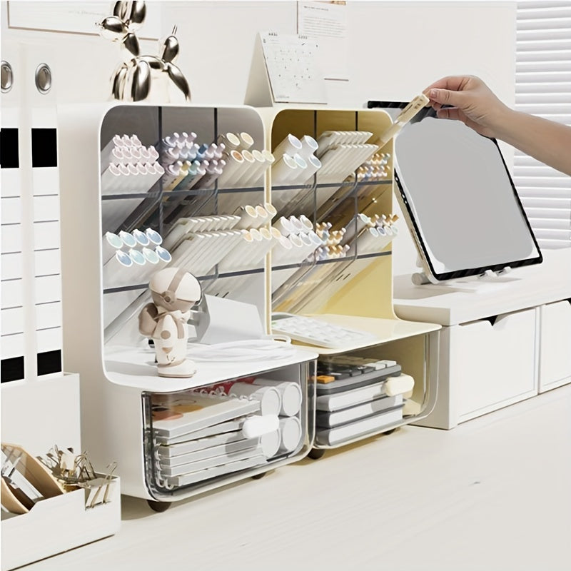 Plastic Desk Organizer with Drawer and Multi-Compartment Pen Holder for Office Supplies