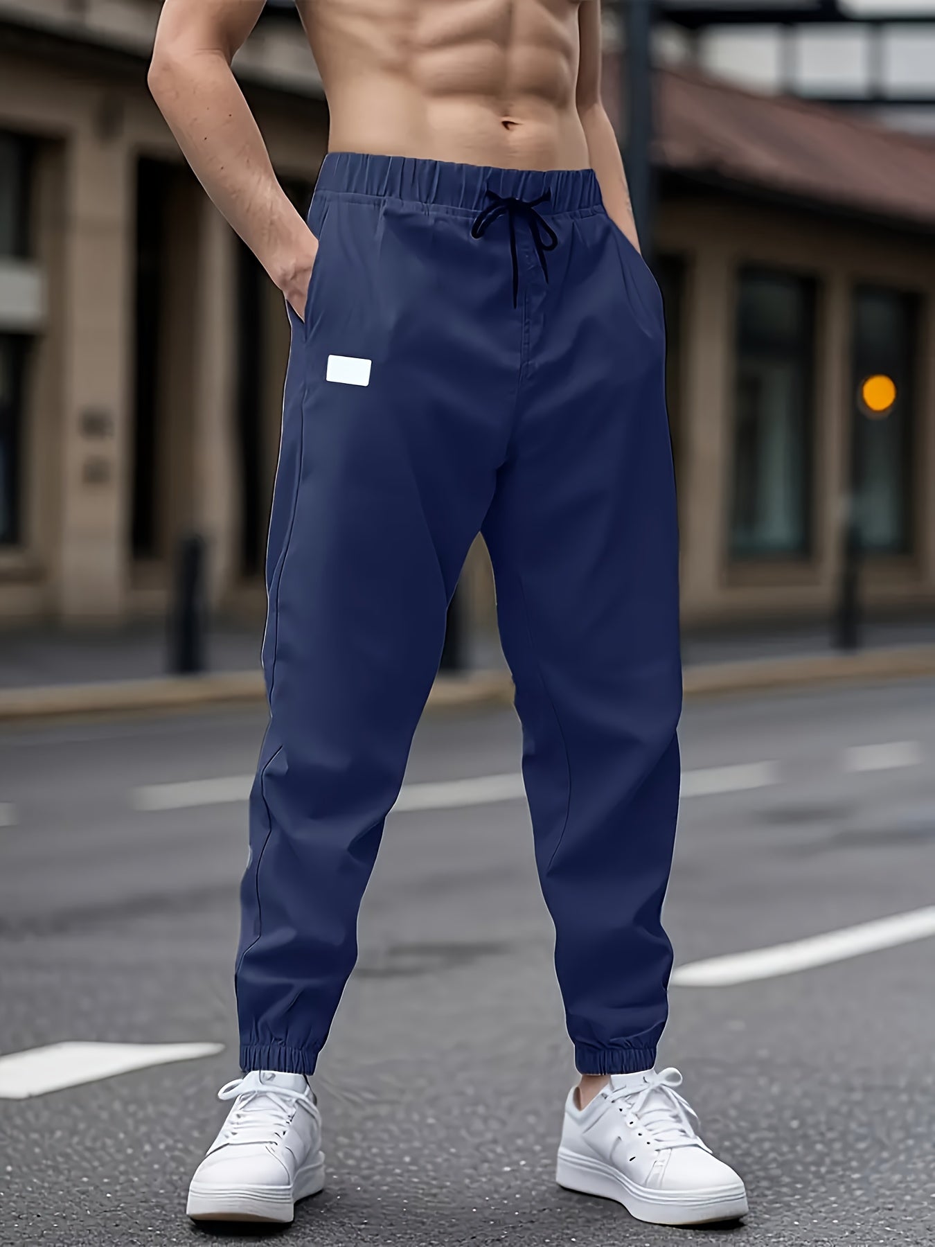 Men's Casual Cargo Pants Non-Stretch Polyester Drawstring Waist Regular Fit Solid Color