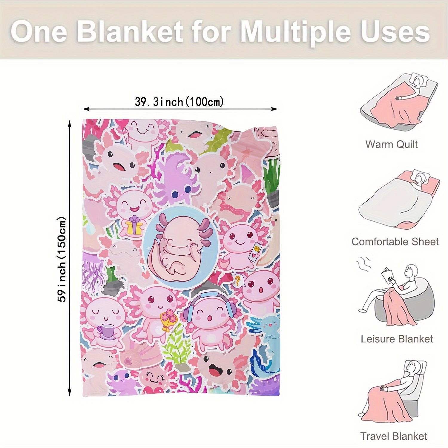 Pink Axolotl Digital Printing Flannel Blanket for All Seasons